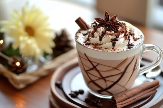 A warm beverage topped with whipped cream chocolate and spices sits on a wooden surface beside a flower and pinecones in a cozy atmosphere.