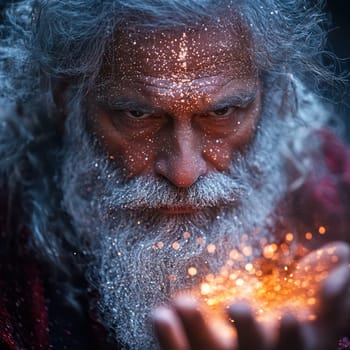 An elderly man with flowing white hair and a thick beard creates glowing sparks in his palm while deeply focused in a shadowy forest.