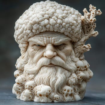 A finely detailed sculpture depicts an old man with a fierce expression featuring a textured beard and unique elements like skulls and tree branches.