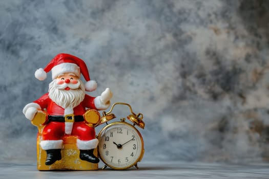 A jolly Santa Claus figurine waves cheerfully next to a vintage clock set against a textured winter backdrop.