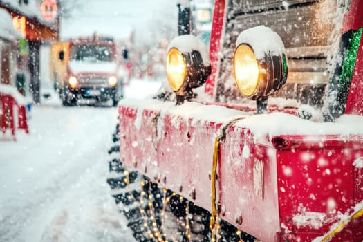 A plow truck clears snow covered streets as heavy snowfall creates a winter wonderland in a quaint city area during the day.
