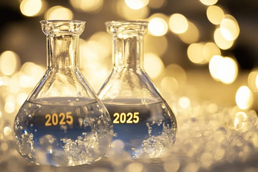 Two glass flasks filled with water sit on a table showing the year 2025 in gold. Soft bokeh lights create a festive atmosphere.