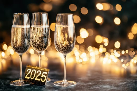 Three elegant flutes filled with sparkling beverage are positioned to celebrate the arrival of New Year 2025 amidst festive lights.