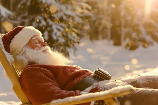 Santa enjoys a peaceful moment reclining in a chair surrounded by snow covered trees at sunset.