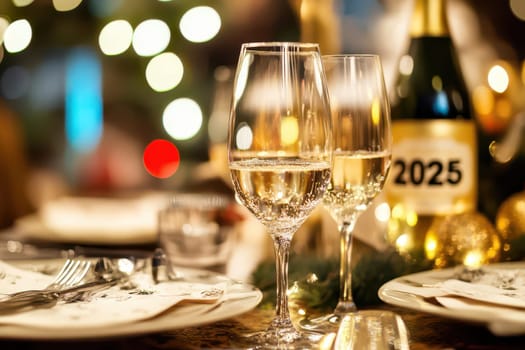 The table is beautifully set with sparkling glasses and festive decorations ready for New Year celebrations in 2025.