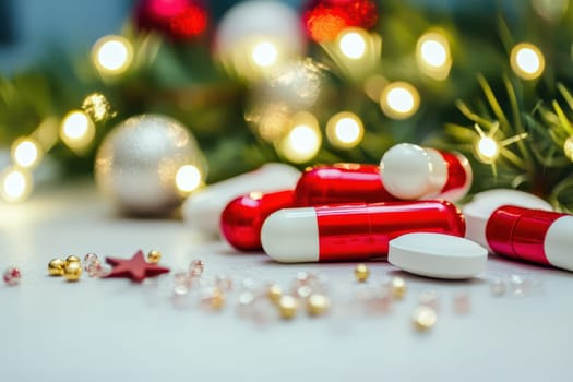 Red and white pills are scattered among holiday decorations like ornaments and lights creating a colorful and festive scene.