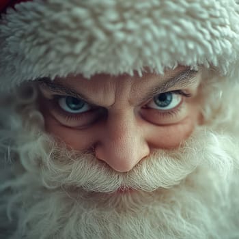 Santa Claus displays a serious expression while wearing a fluffy snow hat perfect for the holiday spirit and festive cheer.