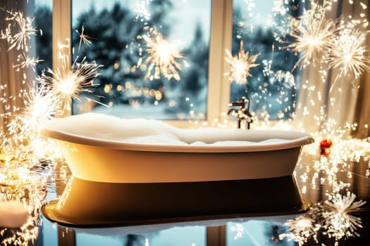 A spacious bathtub filled with bubbles is illuminated by sparklers creating a cozy atmosphere during a peaceful evening at home.