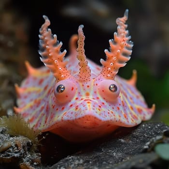 A vibrant sea slug displays striking colors and unusual horns while resting on the ocean floor showcasing marine biodiversity.