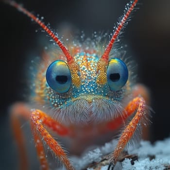 A bright insect with large blue eyes and colorful patterns rests on a surface showcasing intricate details in a natural setting.