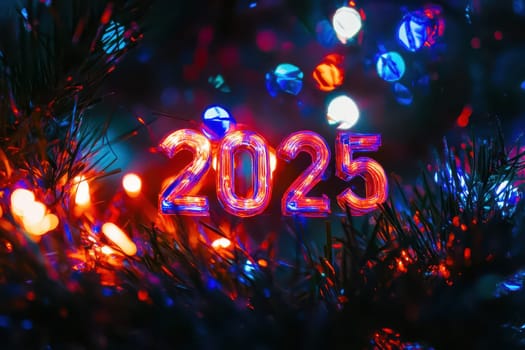 Bright holiday lights illuminate the numbers 2025 among green pine branches creating a festive atmosphere for New Year celebrations.