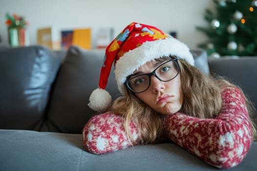 A girl wearing a Santa hat sits on a sofa looking bored while the Christmas tree is decorated in the background creating a cozy holiday atmosphere.