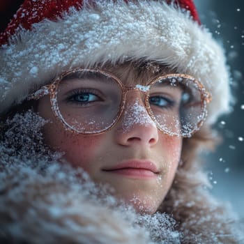 A young child wearing a red hat smiles softly surrounded by snowflakes in a winter wonderland capturing the joy of the season.