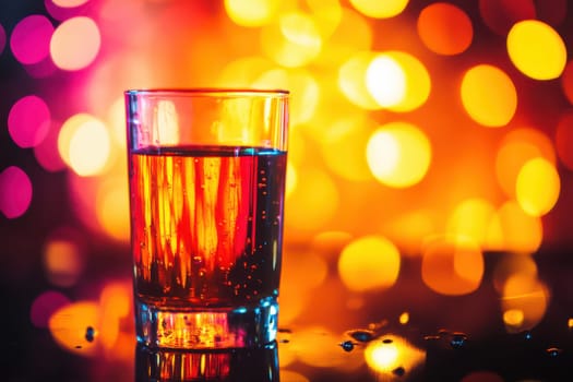 A glass filled with a vibrant drink sits on a shiny surface surrounded by colorful bokeh lights creating a festive atmosphere.