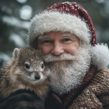 A joyful man dressed as Santa Claus cuddles a small furry animal in a snowy woodland setting during wintertime.