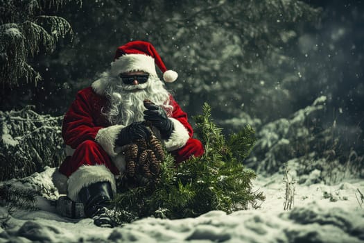 Santa Claus dressed in a red suit sits peacefully amidst snow and evergreen trees holding pinecones enjoying the winter serenity.