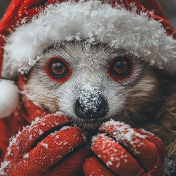 A cute animal dressed in a Santa hat and gloves is surrounded by a snowy landscape celebrating the festive winter season.