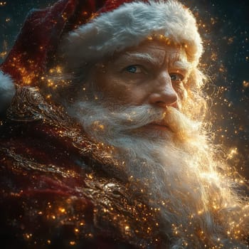 A mystical Santa Claus gazes intensely surrounded by sparkling lights in a dark setting evoking the spirit of the holiday season.