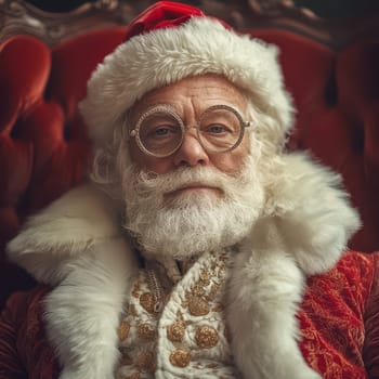 A bearded man dressed as Santa Claus sits comfortably in a luxurious chair showcasing a classic holiday look and vibrant red outfit.