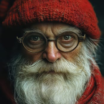 A wise looking elderly man with a white beard and round glasses wears a vibrant red hat and scarf capturing a moment in chilly surroundings.