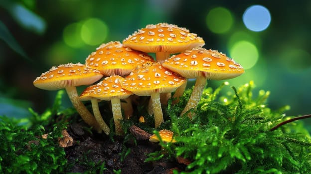A cluster of brightly colored orange mushrooms with white speckles thrives on soft green moss in a natural setting.