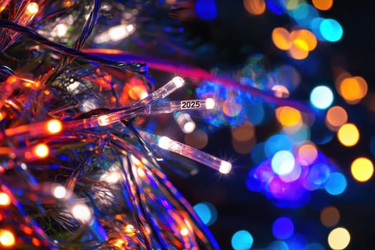 Bright colorful lights shine on a festive tree decorated for the upcoming year creating a cheerful atmosphere in the night.