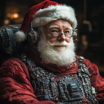 A modern Santa Claus sits comfortably in a high tech chair wearing headphones and a unique tech inspired outfit.