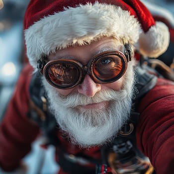 A man dressed as Santa Claus sports goggles looking ready for an adventurous outing in a snowy environment during winter.