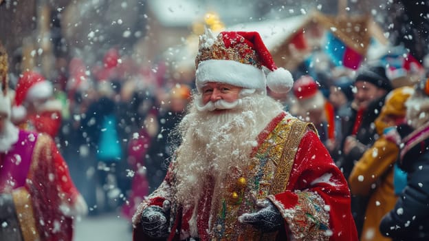A joyful Santa Claus stands surrounded by festive crowds enjoying a snowy celebration filled with holiday cheer and colorful decorations.