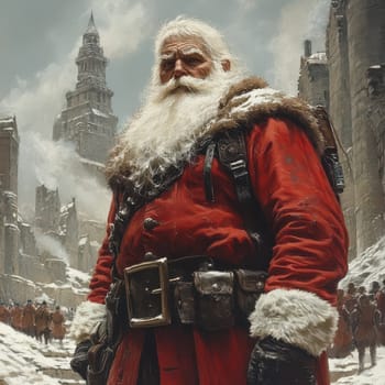 An elderly man with a white beard wearing a red coat stands proudly amid a snowy village with people in the background.