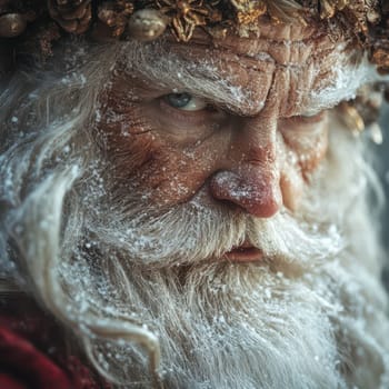 A man with a weathered face and snowy beard wears a crown made of natural elements conveying a deep connection to winter festivities.