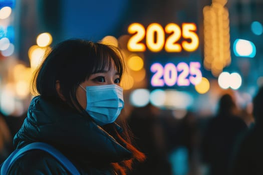 A young woman wearing a mask stands in a crowded urban setting looking towards colorful lights that display the year 2025.