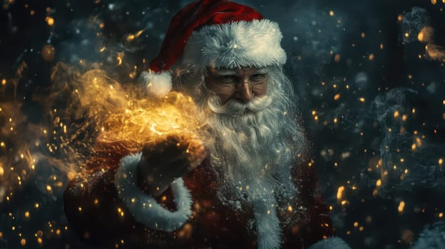 A joyful Santa Claus holds fiery magic in his hand celebrating the winter season with warmth and cheer in a snowy atmosphere.
