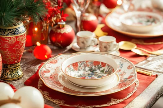A festive dining table is elegantly arranged with fine china vibrant table linens and decorative elements for a holiday celebration.