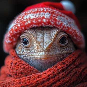 A lizard is warmly dressed in a festive red hat and a matching scarf giving it a cheerful winter appearance.
