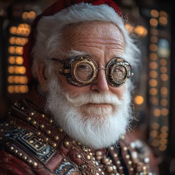 A jolly Santa Claus wears unique steampunk goggles surrounded by warm holiday lights embodying a cheerful holiday spirit.
