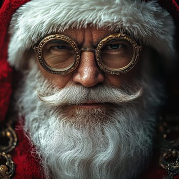 A joyful Santa Claus with round glasses and a thick white beard looks warmly at the viewer embodying the spirit of the holiday season.
