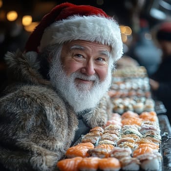 A cheerful man dressed as Santa smiles while surrounded by an assortment of sushi at a lively winter market filled with lights.