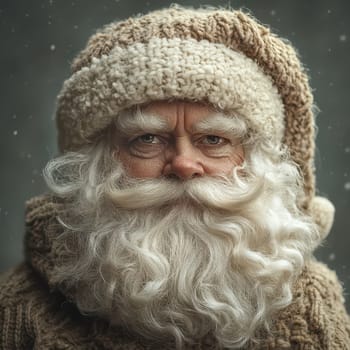 A jolly Santa Claus with a thick white beard and warm sweater gazes directly at the viewer surrounded by falling snowflakes.