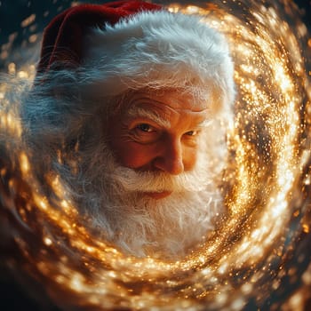 A joyful Santa Claus with a fluffy white beard and red hat radiating warmth and magic amidst swirling sparkles during the festive season.