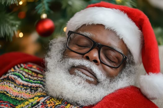 A peaceful Santa sleeps contently by a beautifully decorated Christmas tree embodying the spirit of the holiday season.