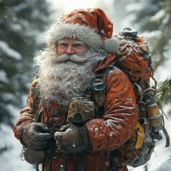 A cheerful man dressed as Santa is exploring a snowy forest wearing a warm coat thick gloves and a backpack surrounded by snow laden trees.