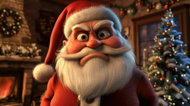 A frustrated Santa Claus stands in a warm room decorated for Christmas with a fireplace and a Christmas tree.