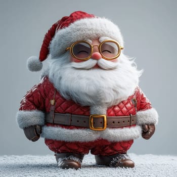 A cheerful Santa Claus character with glasses stands warmly dressed in snowy surroundings ready for the festive season.