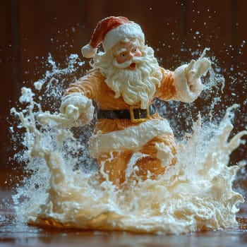 A jolly Santa figure joyfully splashes through white foam embodying the spirit of holiday fun and festivities during the season.