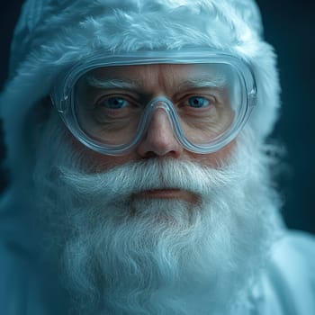 A man dressed as Santa Claus wears ski goggles looking serious while standing in a chilly winter environment ready for adventure.