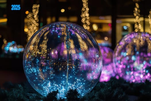 Brightly lit glass spheres reflect colorful lights in a bustling city creating a festive atmosphere during the evening hours.