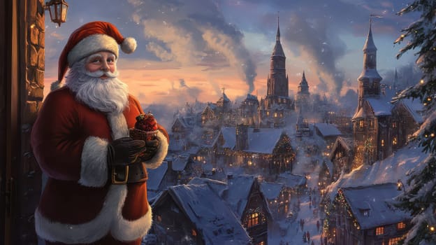 Santa Claus stands outside holding a gift in a snowy village on Christmas Eve surrounded by sparkling lights and a festive atmosphere.