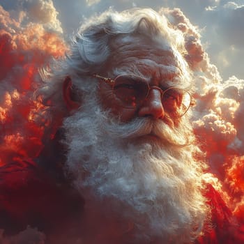 Santa Claus with a long beard and glasses gazes thoughtfully among vibrant clouds during sunset creating a magical atmosphere.