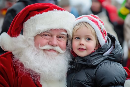 A cheerful Santa Claus poses with a young child both smiling embracing the joyful atmosphere of the holiday season together.